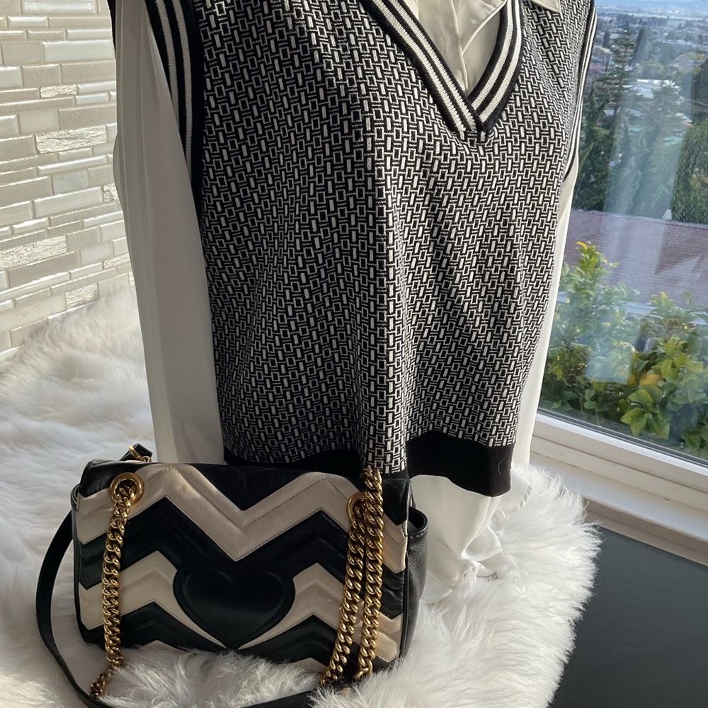 Gucci Marmont GG Black White Chevron Matelasse Leather Fold Over Flap Bag - Picture 9 of 10